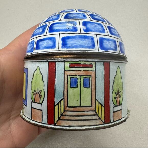 Vintage Enameled Trinket Box Cottage Cherry Blossom Branch  Boho Blue White - Picture 1 of 9